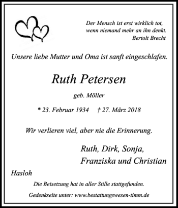 Traueranzeige von Ruth Petersen von Pinneberger Tageblatt