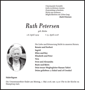 Traueranzeige von Ruth Petersen von Nordfriesland Tageblatt