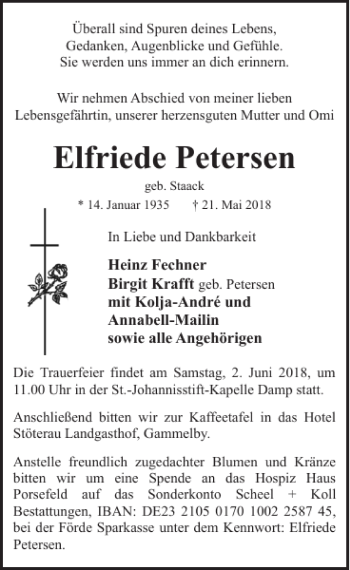 Traueranzeige von Elfriede Petersen von Eckernförder Zeitung
