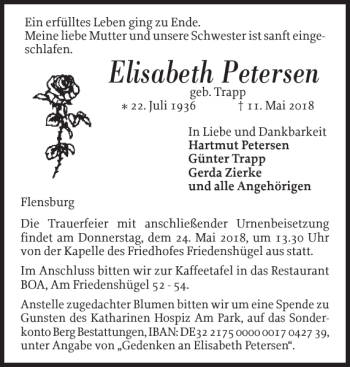 Traueranzeige von Elisabeth Petersen von Flensburger Tageblatt