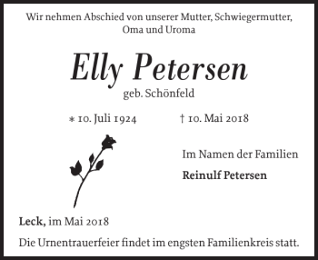Traueranzeige von Elly Petersen von Nordfriesland Tageblatt