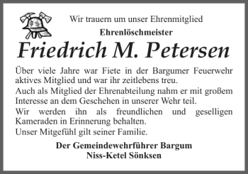 Traueranzeige von Friedrich M. Petersen von Husumer Nachrichten