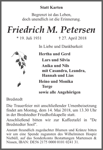Traueranzeige von Friedrich M. Petersen von Husumer Nachrichten