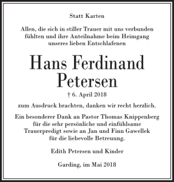 Traueranzeige von Hans Ferdinand Petersen von Husumer Nachrichten