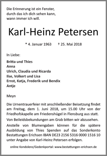 Traueranzeige von Karl Heinz Petersen von Flensburger Tageblatt