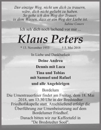 Traueranzeige von Klaus Peters von Husumer Nachrichten