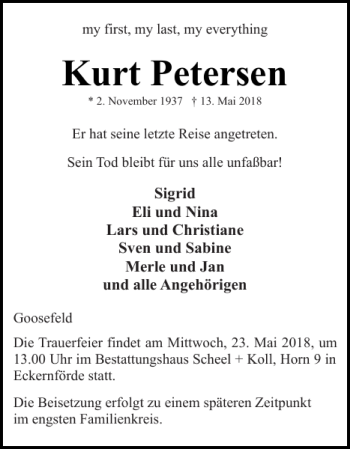 Traueranzeige von Kurt Petersen von Eckernförder Zeitung