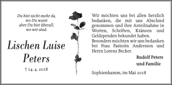 Traueranzeige von Lischen Luise Peters von Landeszeitung