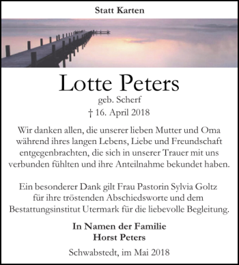 Traueranzeige von Lotte Peters von Husumer Nachrichten