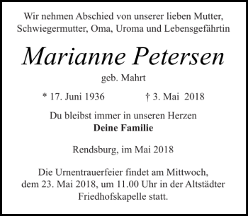 Traueranzeige von Marianne Petersen von Landeszeitung