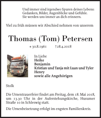 Traueranzeige von Thomas Petersen von Schleswiger Nachrichten