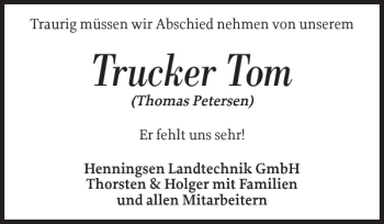 Traueranzeige von Trucker Tom Thomas Petersen von Schleswiger Nachrichten