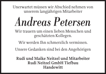 Traueranzeige von Andreas Petersen von Flensburger Tageblatt