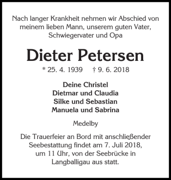 Traueranzeige von Dieter Petersen von Flensburger Tageblatt