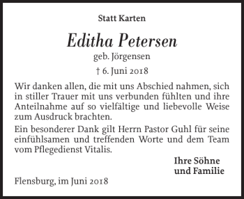 Traueranzeige von Editha Petersen von Flensburger Tageblatt