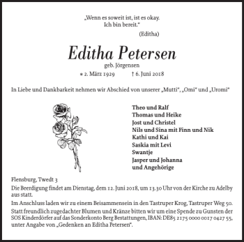 Traueranzeige von Editha Petersen von Flensburger Tageblatt