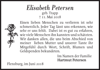 Traueranzeige von Elisabeth Petersen von Flensburger Tageblatt