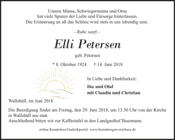 Traueranzeige von Elli Petersen von Flensburger Tageblatt