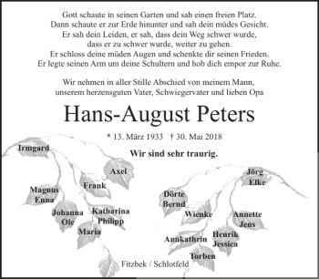Traueranzeige von Hans-August Peters von Norddeutsche Rundschau