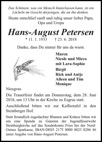 Traueranzeige von Hans-August Petersen von Flensburger Tageblatt