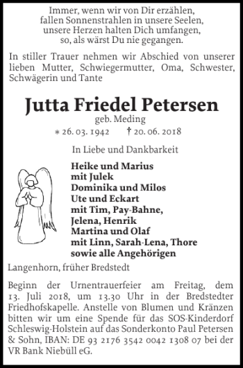 Traueranzeige von Jutta Friedel Petersen von Husumer Nachrichten