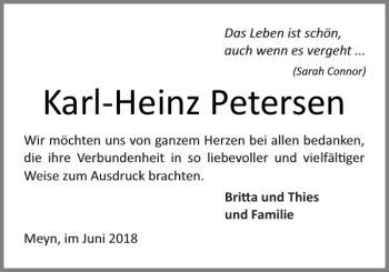 Traueranzeige von Karl Heinz Petersen von Flensburger Tageblatt