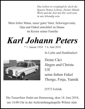 Traueranzeige von Karl Johann Peters von Norddeutsche Rundschau