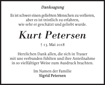 Traueranzeige von Kurt Petersen von Eckernförder Zeitung