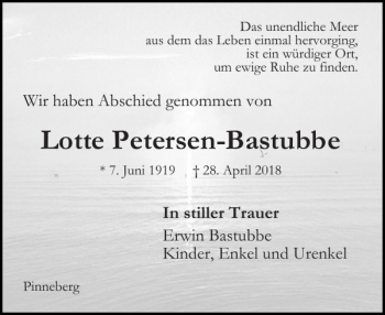 Traueranzeige von Lotte Petersen-Bastubbe von Pinneberger Tageblatt
