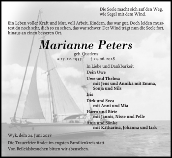 Traueranzeige von Marianne Peters von Der Insel-Bote