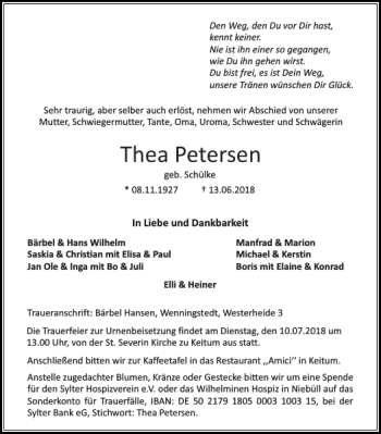 Traueranzeige von Thea Petersen von Sylter Rundschau