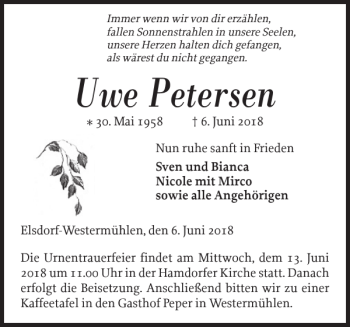 Traueranzeige von Uwe Petersen von Landeszeitung
