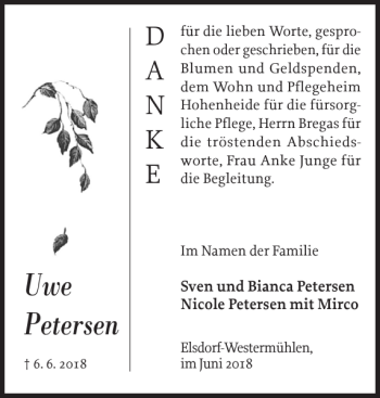 Traueranzeige von Uwe Petersen von Landeszeitung
