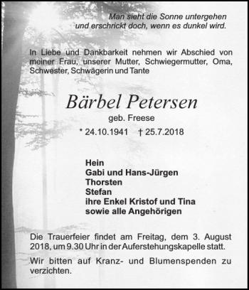 Traueranzeige von Bärbel Petersen von Holsteinischer Courier