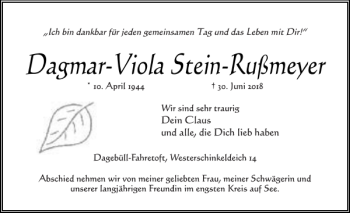 Traueranzeige von Dagmar-Viola Stein-Rußmeyer von Nordfriesland Tageblatt
