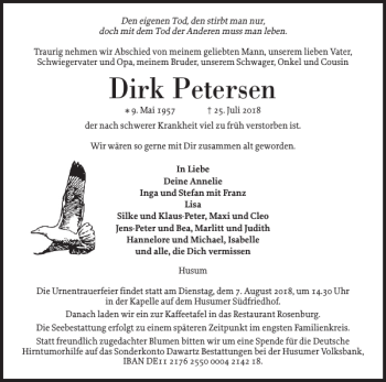 Traueranzeige von Dirk Petersen von Husumer Nachrichten