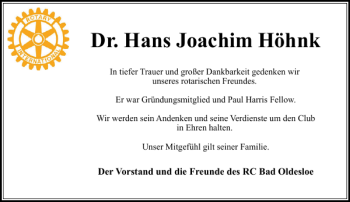 Traueranzeige von Dr. Hans Joachim Höhnk von Stormarner Tageblatt