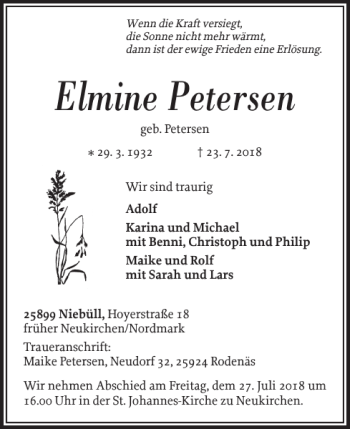 Traueranzeige von Elmine Petersen von Nordfriesland Tageblatt