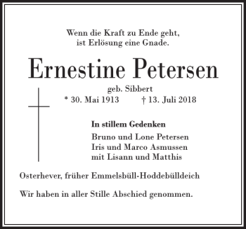 Traueranzeige von Ernestine Petersen von Husumer Nachrichten