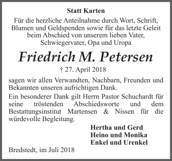 Traueranzeige von Friedrich M. Petersen von Husumer Nachrichten