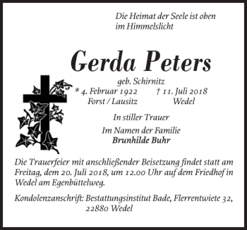 Traueranzeige von Gerda Peters von Wedel-Schulauer Tageblatt