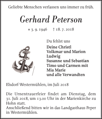 Traueranzeige von Gerhard Peterson von Landeszeitung
