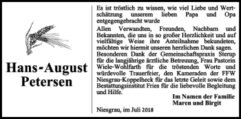 Traueranzeige von Hans-August Petersen von Flensburger Tageblatt