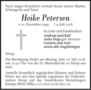 Traueranzeige von Heike Petersen von Flensburger Tageblatt