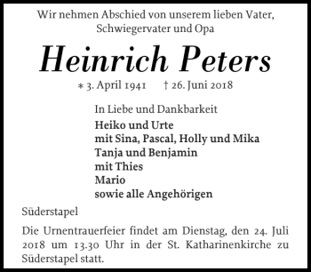 Traueranzeige von Heinrich Peters von Husumer Nachrichten