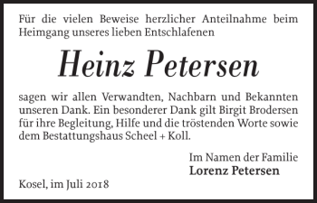 Traueranzeige von Heinz Petersen von Eckernförder Zeitung