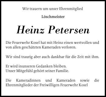Traueranzeige von Heinz Petersen von Eckernförder Zeitung