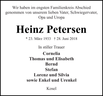 Traueranzeige von Heinz Petersen von Eckernförder Zeitung