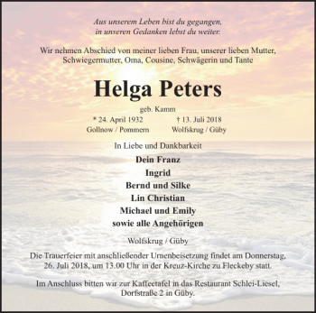 Traueranzeige von Helga Peters von Eckernförder Zeitung