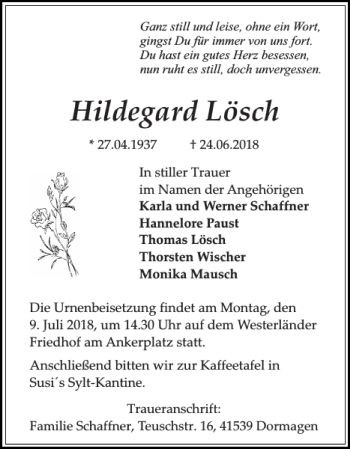 Traueranzeige von Hildegard Lösch von Sylter Rundschau